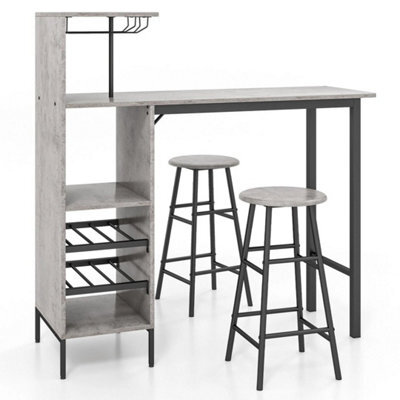 3Pcs Bar Table & 2 Stool Industrial Kitchen Dining Set W/ Wine Rack Glass Holder - image 1