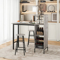 3Pcs Bar Table & 2 Stool Industrial Kitchen Dining Set W/ Wine Rack Glass Holder - thumbnail 4