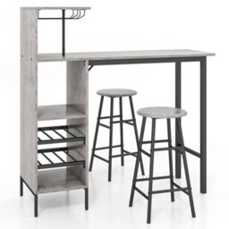 3Pcs Bar Table & 2 Stool Industrial Kitchen Dining Set W/ Wine Rack Glass Holder - thumbnail 1