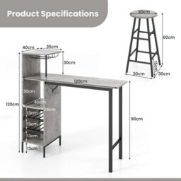 3Pcs Bar Table & 2 Stool Industrial Kitchen Dining Set W/ Wine Rack Glass Holder - thumbnail 2