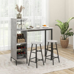 3Pcs Bar Table & 2 Stool Industrial Kitchen Dining Set W/ Wine Rack Glass Holder - thumbnail 3