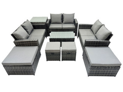 Fimous Pe Rattan Garden Furniture Set Lounge Double Seat Sofa Coffee Table Set With Side Table 4 Stools Dark Grey Mixedmixed - image 1