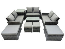 Fimous Pe Rattan Garden Furniture Set Lounge Double Seat Sofa Coffee Table Set With Side Table 4 Stools Dark Grey Mixedmixed - thumbnail 1