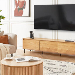 Beliani Light Brown Particle Board Tv Stand With Black Metal Legs, 3-Door Storage, W180 X D40 X H45Cm - thumbnail 2