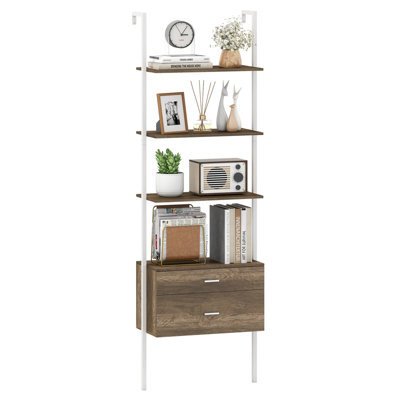 Gainoom 184Cm Tall Black Wall-Mounted Bookshelf 6-Tier Ladder Bookcase With 2 Drawers - image 1