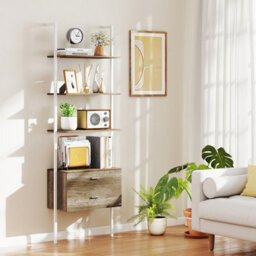 Gainoom 184Cm Tall Black Wall-Mounted Bookshelf 6-Tier Ladder Bookcase With 2 Drawers - thumbnail 3
