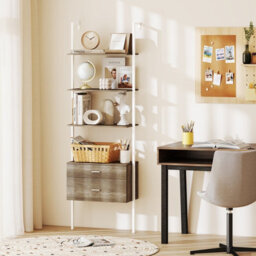 Gainoom 184Cm Tall Black Wall-Mounted Bookshelf 6-Tier Ladder Bookcase With 2 Drawers - thumbnail 4