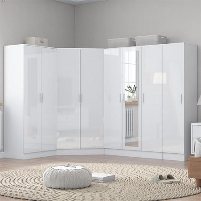 Reflect 4Pc Wardrobe Bundle - 2 Door Corner + 3 Door Mirror + 2Dr + 1Dr Plain - White Gloss & Matt White - H: 180Cm X W: 329Cm - image 1