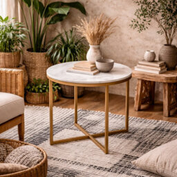 Wyld Haus Vodskov White Marble-Effect Round Side Table With Gold Legs