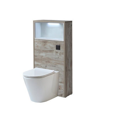 Homestylestore 600mm Light Oak Wc Unit Led Lit Shelf Toilet And Black Flush Button - image 1