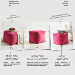 Kosi Atelier Kosiatelier Bean Bag Velvet Footstool Ottomona Cube Pouf Chair Pouffe, Polystyrene Beads Filled - Hot Pink, 40Cm X 40Cm X 40Cm - thumbnail 5