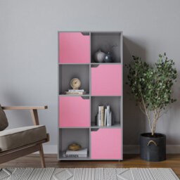 Urbn-Living Urbnliving 119Cm Height Grey 8 Cube Bookcase Shelving Display Shelf Storage Unit Pink Wooden Door