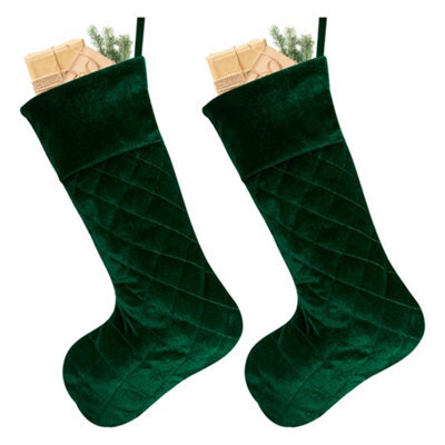 Dibor Set Of 2 Traditional Harrington Quilted Green Velvet Xmas Gift Decoration Christmas Stocking For Kids - image 1