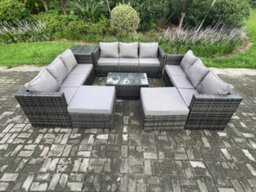 Fimous Outdoor Lounge Sofa Set Wicker Pe Rattan Garden Furniture Set With Oblong Coffee Table 2 Big Footstool Dark Grey Mixed - thumbnail 2