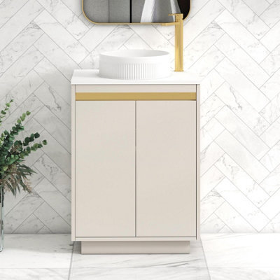 Royal Bathrooms Orion 600mm Warm Taupe Floor Standing Plain White Countertop Vanity Unit 2 Door With Round Basin & Brushed Brass Accent Trim - image 1