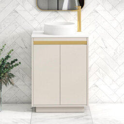 Royal Bathrooms Orion 600mm Warm Taupe Floor Standing Plain White Countertop Vanity Unit 2 Door With Round Basin & Brushed Brass Accent Trim