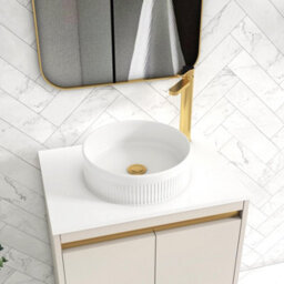 Royal Bathrooms Orion 600mm Warm Taupe Floor Standing Plain White Countertop Vanity Unit 2 Door With Round Basin & Brushed Brass Accent Trim - thumbnail 5
