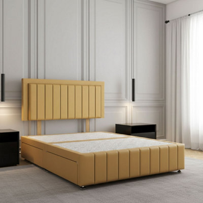REGIONAL FURNISHINGS Mustard Plush Velvet Divan Bed Upholstered 24Inch Headboard & Footboard 2Drawers Footend & No Mattress In 4Ft 4Ft6 5Ft 6Ft Sizes - image 1