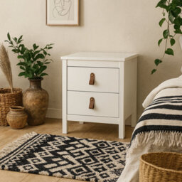 Wyld Haus Wildberry Matt White Bedside Table 2-Drawer Wooden Nightstand With Brown Leather Handles - thumbnail 1