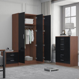 Reflect 3 Door Mirror Wardrobe, 5 Drawer Chest, 2 Drawer Bedside - Black Gloss & Walnut - Modern Bedroom Furniture Set - thumbnail 2