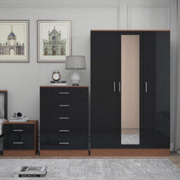 Reflect 3 Door Mirror Wardrobe, 5 Drawer Chest, 2 Drawer Bedside - Black Gloss & Walnut - Modern Bedroom Furniture Set - thumbnail 3