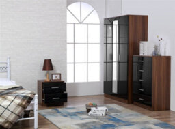 Reflect 3 Door Mirror Wardrobe, 5 Drawer Chest, 2 Drawer Bedside - Black Gloss & Walnut - Modern Bedroom Furniture Set