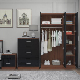 Reflect 3 Door Mirror Wardrobe, 5 Drawer Chest, 2 Drawer Bedside - Black Gloss & Walnut - Modern Bedroom Furniture Set - thumbnail 4
