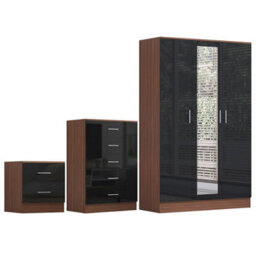 Reflect 3 Door Mirror Wardrobe, 5 Drawer Chest, 2 Drawer Bedside - Black Gloss & Walnut - Modern Bedroom Furniture Set - thumbnail 5