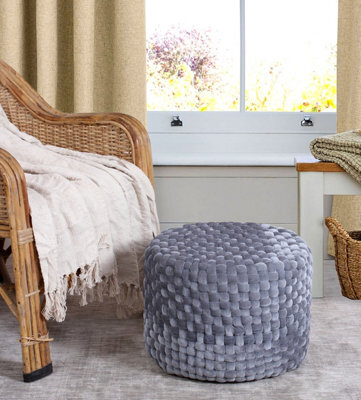 Round Velvet Pouffe Soft Woven Designer Ottoman Stool Silver