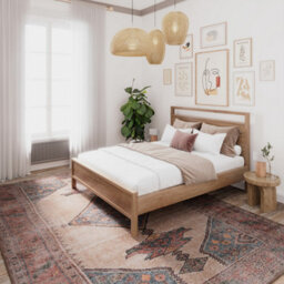 Loomed Vintage Tribal Cotton Chenille Rug Beige Blue Distressed Machine Washable 200Cm X 290Cm - thumbnail 2
