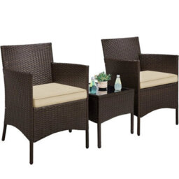 Brown/khaki 3-Piece Rattan Furniture Set Outdoor Patio Furniture Table & Chairs W/ Cushions - thumbnail 1
