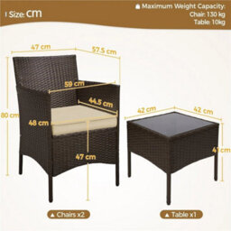 Brown/khaki 3-Piece Rattan Furniture Set Outdoor Patio Furniture Table & Chairs W/ Cushions - thumbnail 2