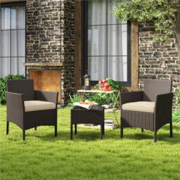 Brown/khaki 3-Piece Rattan Furniture Set Outdoor Patio Furniture Table & Chairs W/ Cushions - thumbnail 3