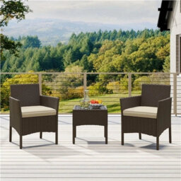 Brown/khaki 3-Piece Rattan Furniture Set Outdoor Patio Furniture Table & Chairs W/ Cushions - thumbnail 4