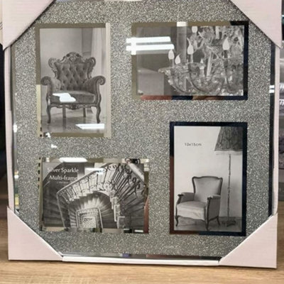 Biznest Aperture 4 Picture Photo Frame Hold 4 Picture Silver Mirrored Crushed Jewel Crystal Diamante 6X4 Inches
