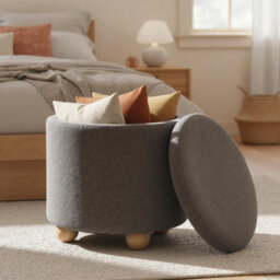 Gainoom Round Grey Storage Ottoman Chenille Fabric Footrest Stool 35L Upholstered Ottoman With Hidden Storage Space - thumbnail 1