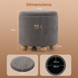 Gainoom Round Grey Storage Ottoman Chenille Fabric Footrest Stool 35L Upholstered Ottoman With Hidden Storage Space - thumbnail 2