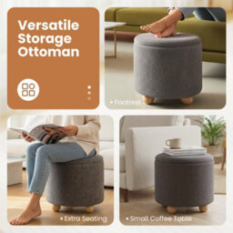 Gainoom Round Grey Storage Ottoman Chenille Fabric Footrest Stool 35L Upholstered Ottoman With Hidden Storage Space - thumbnail 7