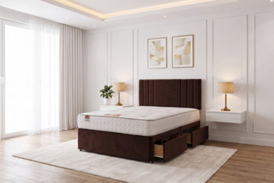 "Knight Sleep Sarah Mocca Plush Bed Set With Mattress, 2 Drawers Same Side & 24""headboard, 5Ft - King Size" - image 1