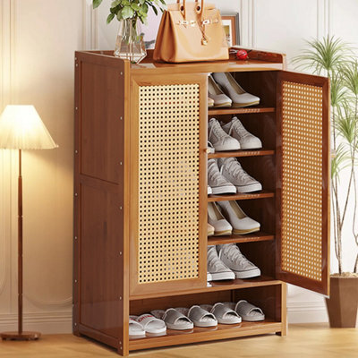 Bamboo & Mdf Shoe Cabinet With Double Rattan Doors - H94 X W60 X D32Cm - image 1
