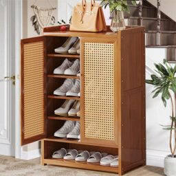 Bamboo & Mdf Shoe Cabinet With Double Rattan Doors - H94 X W60 X D32Cm - thumbnail 7