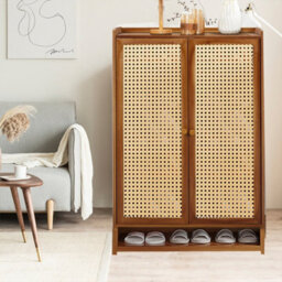 Bamboo & Mdf Shoe Cabinet With Double Rattan Doors - H94 X W60 X D32Cm - thumbnail 6