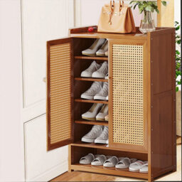 Bamboo & Mdf Shoe Cabinet With Double Rattan Doors - H94 X W60 X D32Cm - thumbnail 5