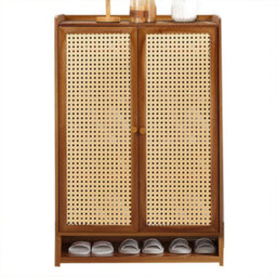 Bamboo & Mdf Shoe Cabinet With Double Rattan Doors - H94 X W60 X D32Cm - thumbnail 3