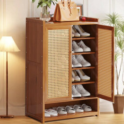 Bamboo & Mdf Shoe Cabinet With Double Rattan Doors - H94 X W60 X D32Cm - thumbnail 1