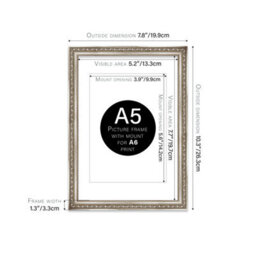 A5 Silver Ornate Picture Frame (21 X 14.7Cm) With Mount For A6 Poster, Photo, Artwork, Gallery Wall Or Print - thumbnail 2