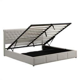 Abrihome 135X190Cm, Upholstered Double Bed, With Hydraulic Lever, Functional Storage Bed, Rivet Decoration, Linen, Light Grey - thumbnail 3