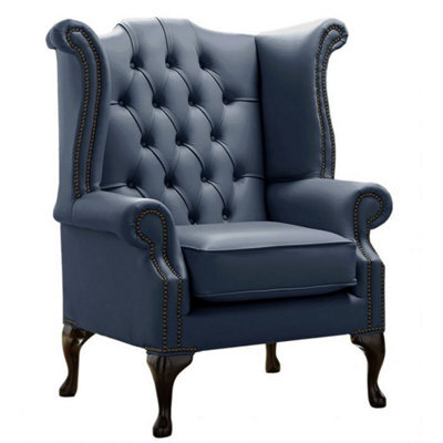 Chesterfield High Back Wing Chair Shelly Suffolk Blue Leather Bespoke In Queen Anne Style - image 1