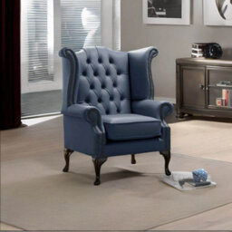 Chesterfield High Back Wing Chair Shelly Suffolk Blue Leather Bespoke In Queen Anne Style - thumbnail 2