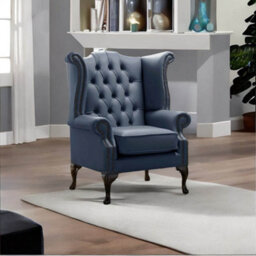 Chesterfield High Back Wing Chair Shelly Suffolk Blue Leather Bespoke In Queen Anne Style - thumbnail 3
